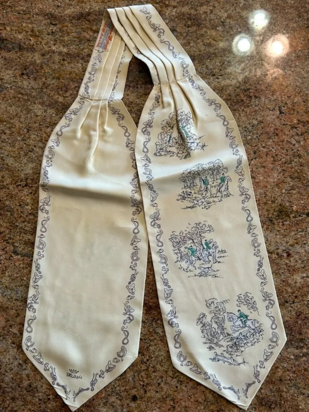 Vintage Cream Colored Marea Silk Ascot Tie with Equestrian Scene Made in Italy